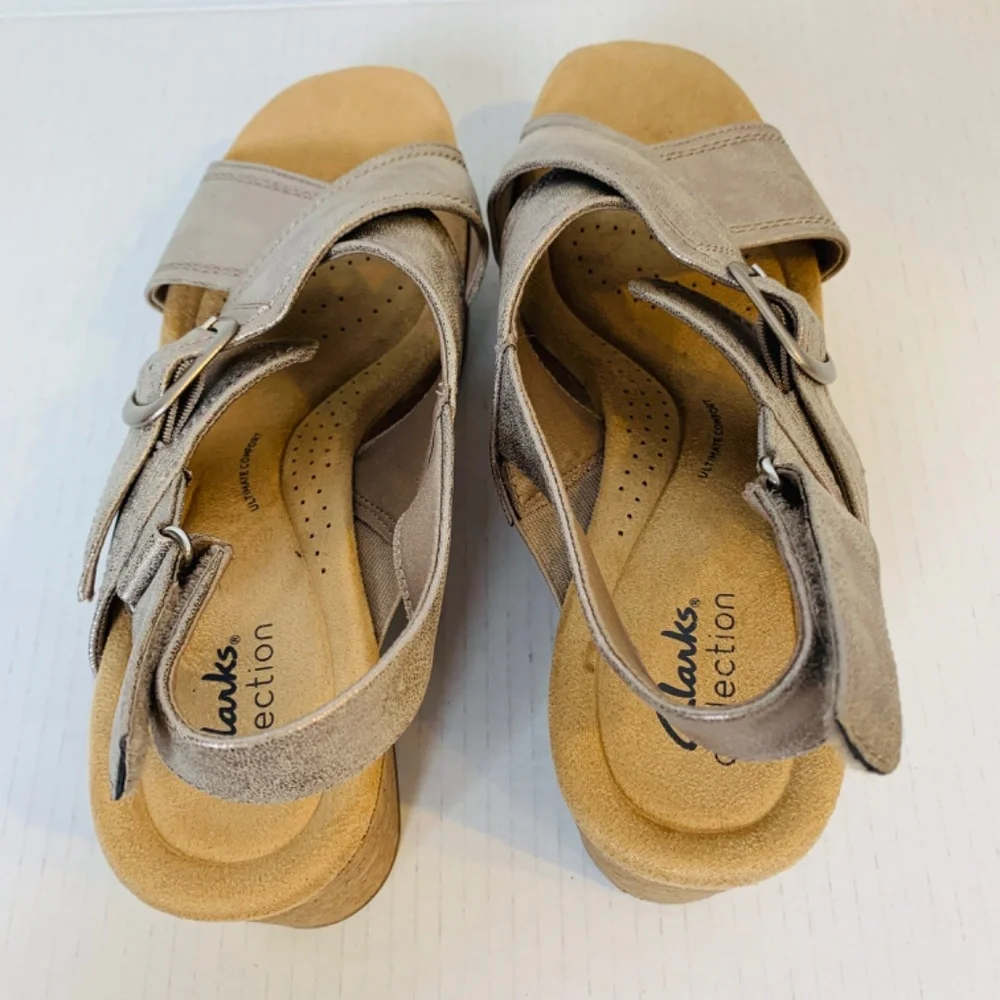 Clarks Collection Leather Wedges Nerisa Pace Size 10 Wide Metallic Silver Cork